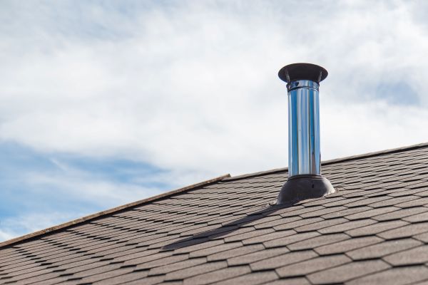 alt-"brown shingled roof with solar-powered vent in spring"